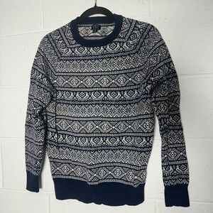 J.Crew Mens Fair Isle Cotton Crewneck Sweater Navy Blue Cream Small Nordic Knit